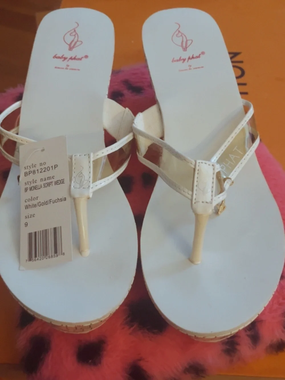 Baby Phat White Wedge Thong Sandals with Gold Accents